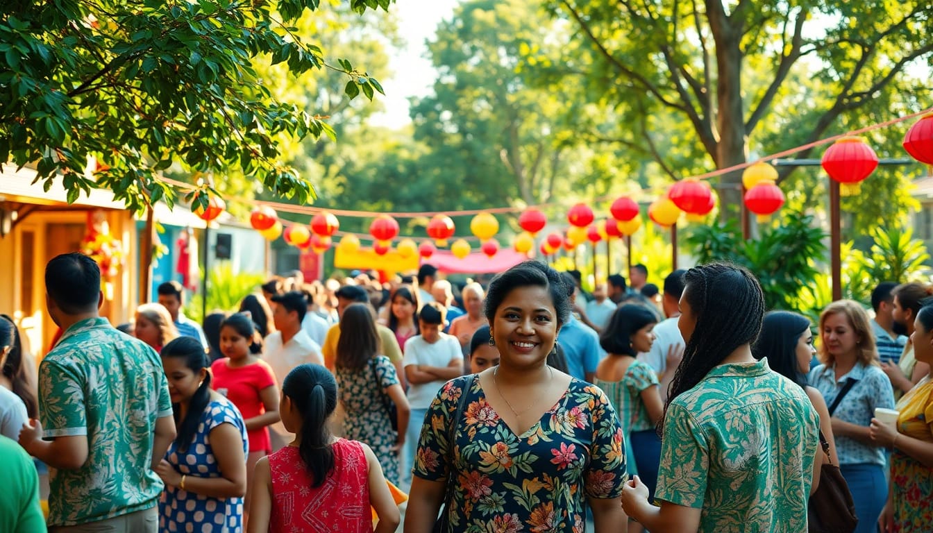 Engaging community gathering celebrating laoutaris with vibrant decorations and joyful interactions.