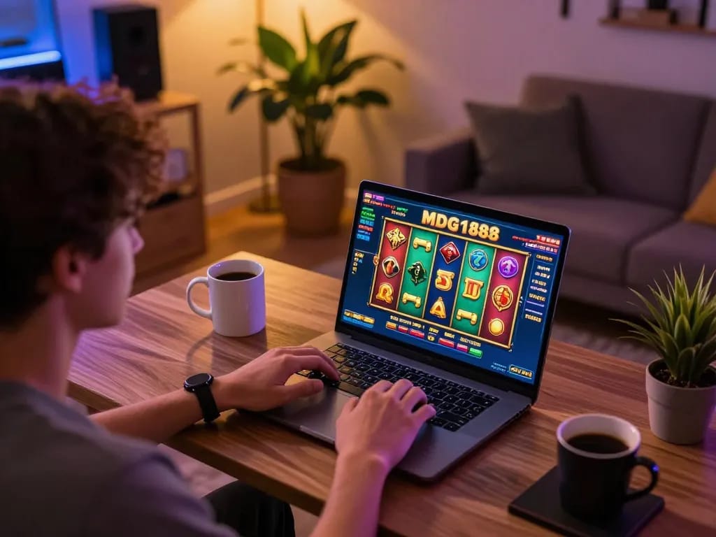 Engaging in MDG188 login on a laptop, showcasing colorful slot gaming interface in a cozy home setting.