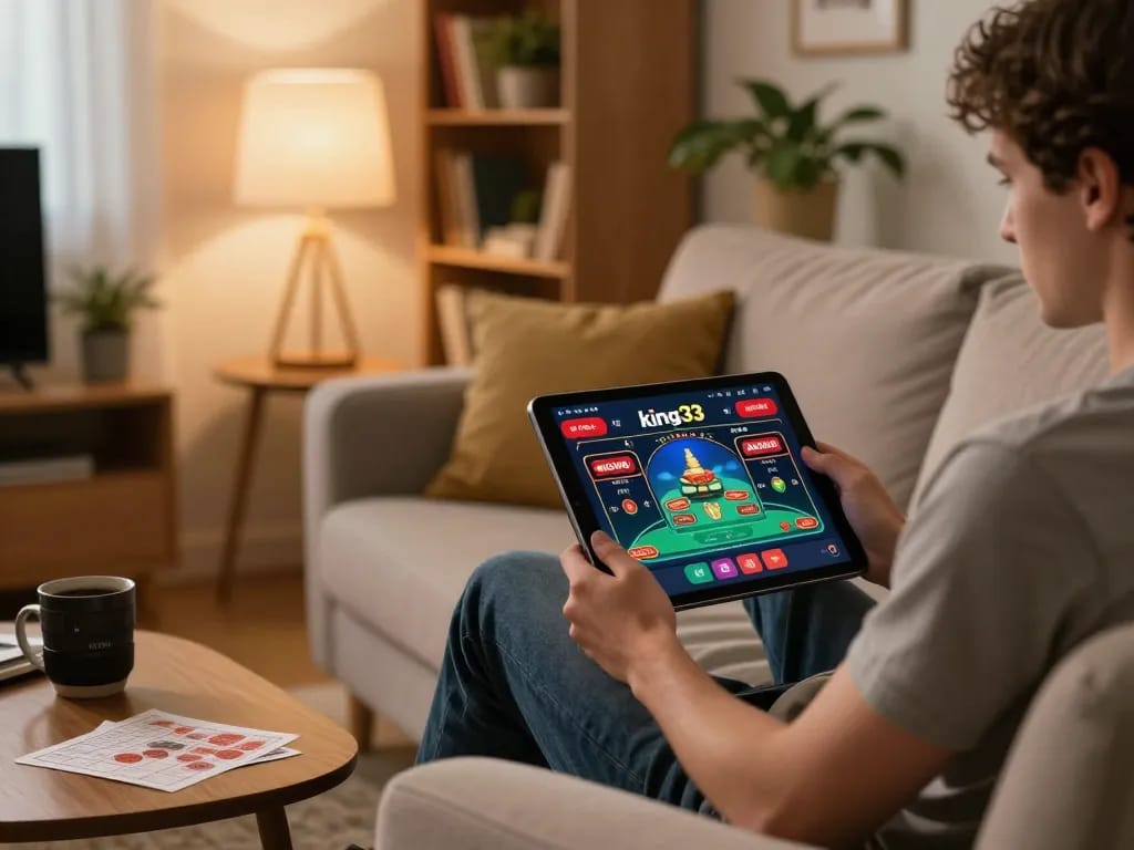 Player enjoying king33 live dealer casino app at home with warm lighting and cozy atmosphere.
