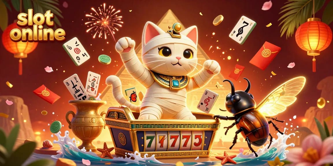Mainkan slot online dengan Mummy Cat dan Scarab Beetle di kasino penuh warna ini!