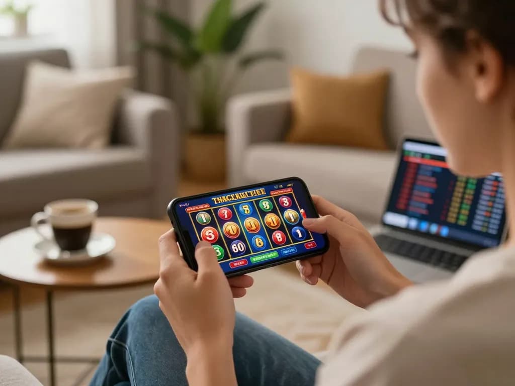 Engaged player using a smartphone for mobile gambling while relaxing at home, showcasing sapporo-dogscafe vibes in a cozy atmosphere.