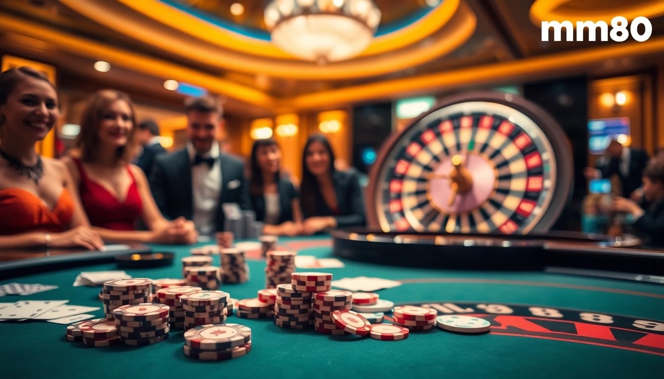 Players enjoying an exciting poker game at mm88 casino, showcasing chips and cards.