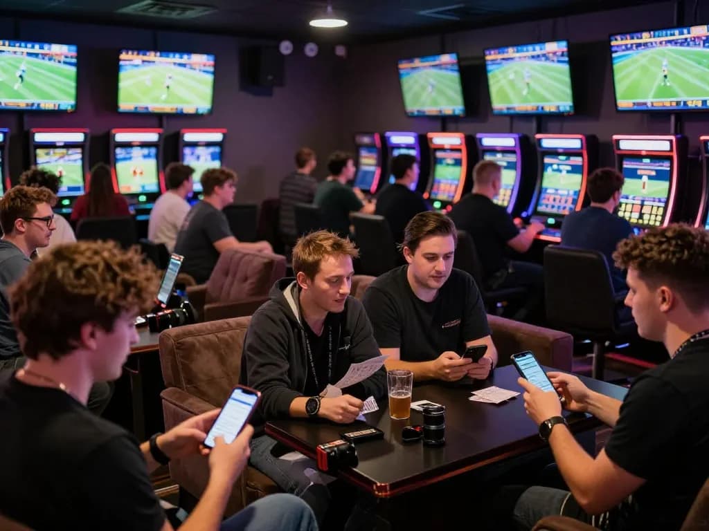 Fans engaging in live sports betting at 11win, analyzing odds and celebrating wins in an exciting lounge.