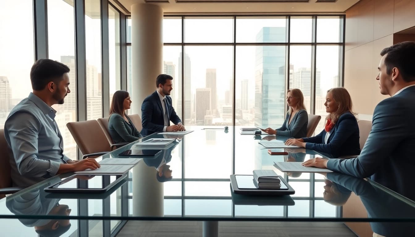 Agents discussing industrial leasing options in a modern office, showcasing a professional atmosphere.