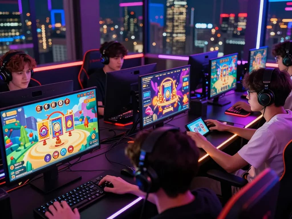 Players excitedly tải game rikvip on various devices in a lively gaming environment.
