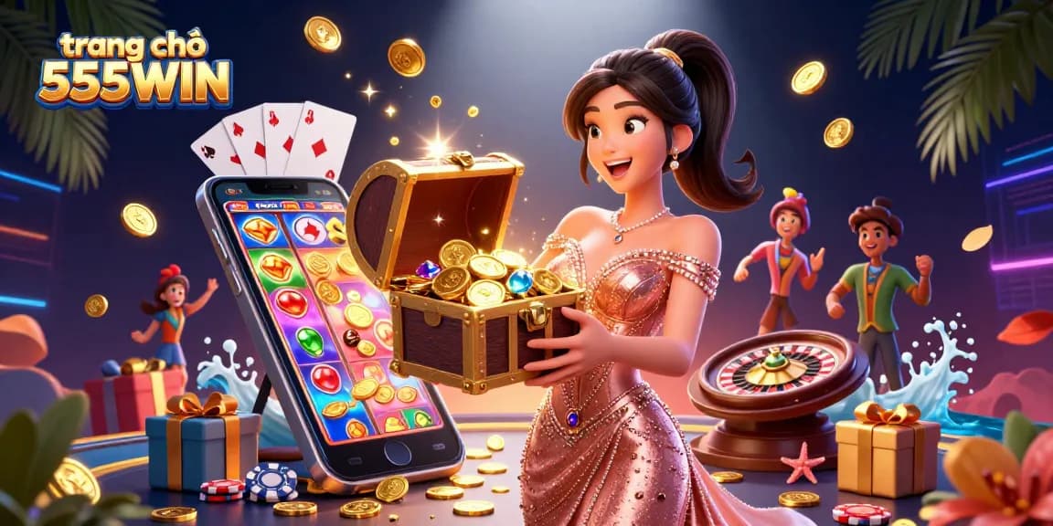 Experience the excitement at trang chủ 555WIN with a treasure chest of golden coins and casino games.