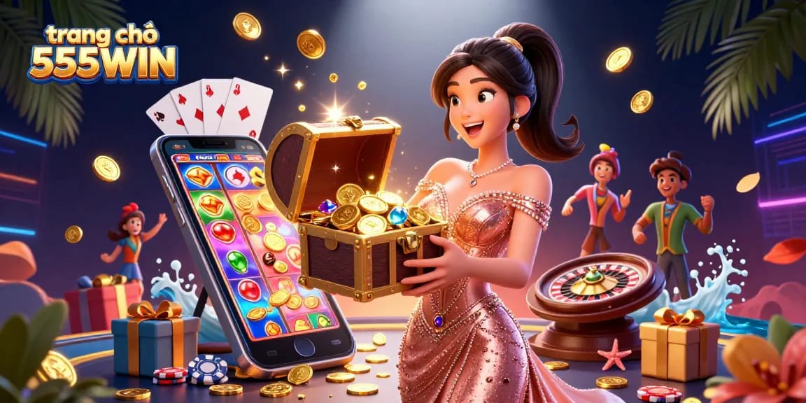 Experience the excitement at trang chủ 555WIN with a treasure chest of golden coins and casino games.