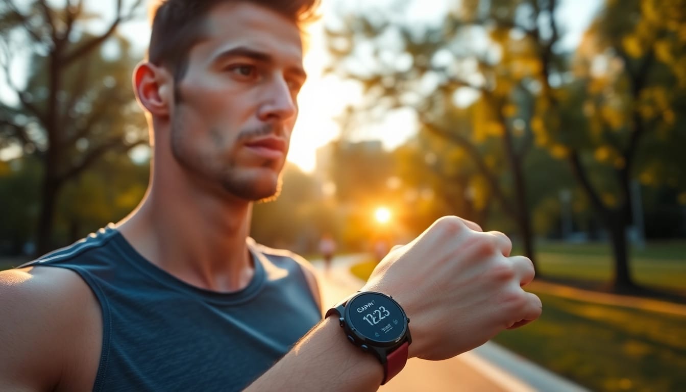Garmin smartwatch worn by an athlete, showcasing fitness metrics during a morning run.