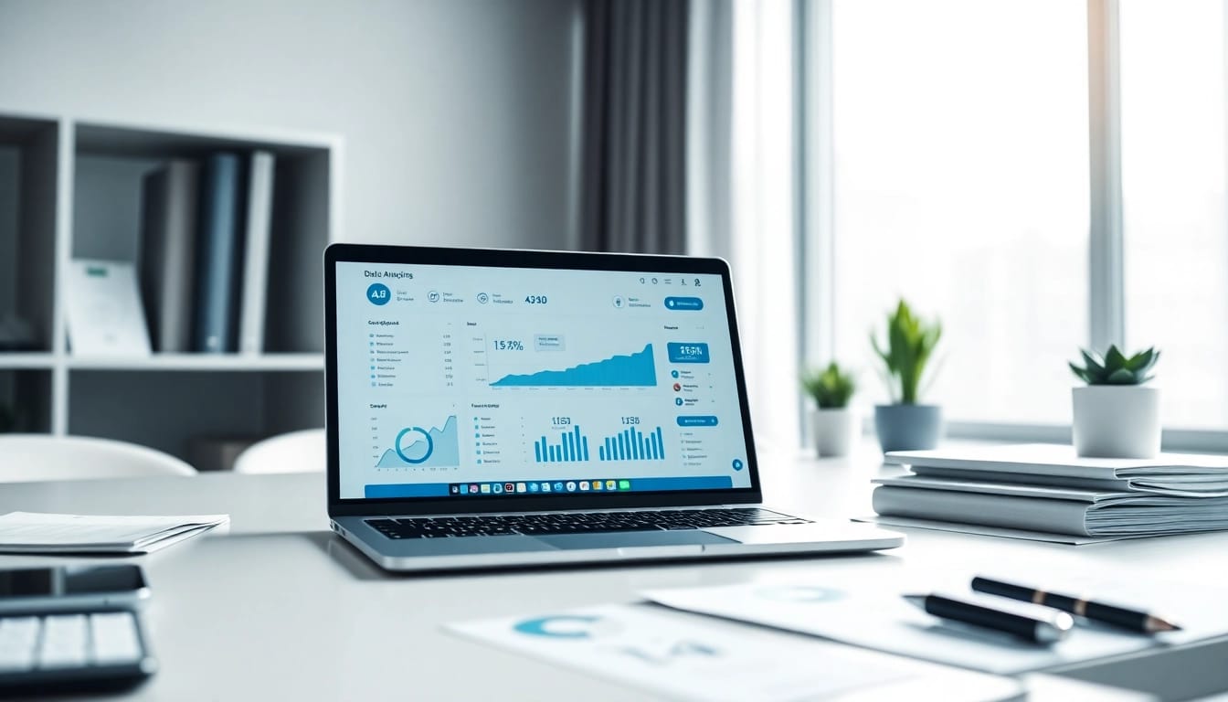 Visualize a professional digital workspace highlighting a content tracking tool on a laptop screen.