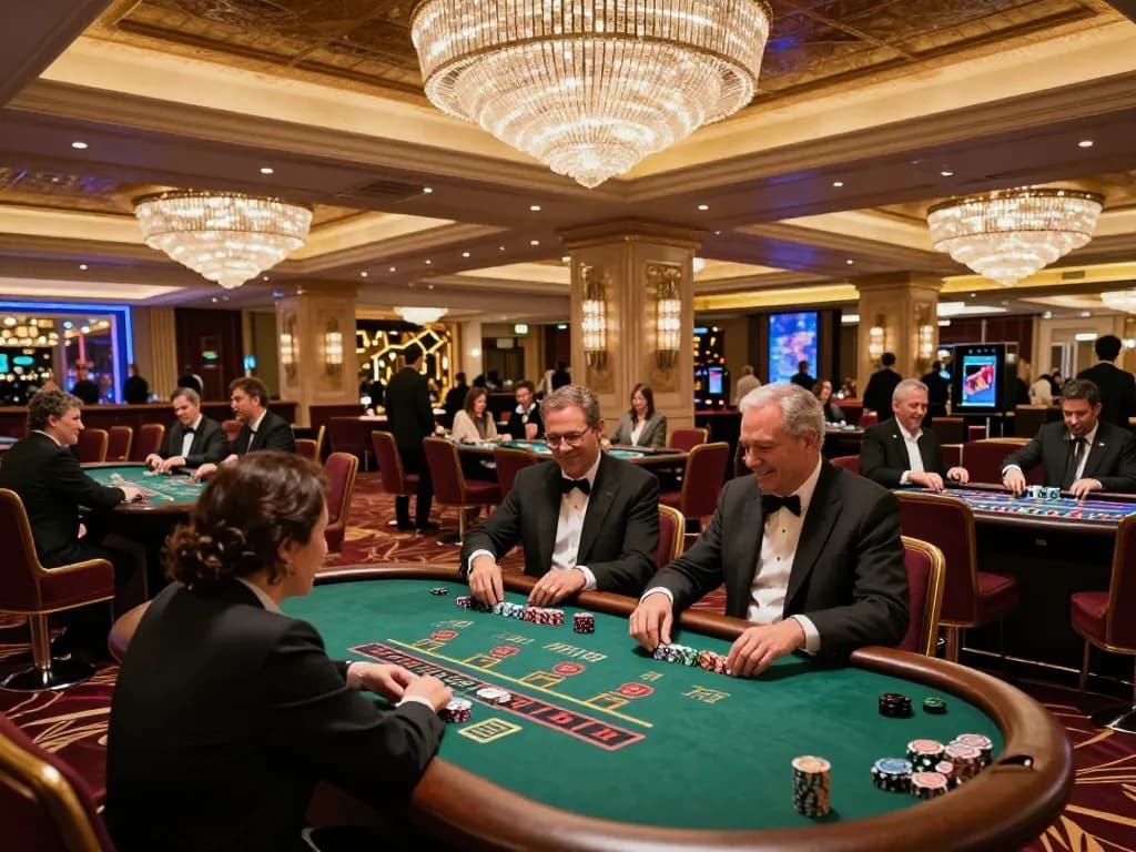 Players engaging in blackjack and roulette at a glamorous casino, highlighting giường bệnh nhân ergonomic features for comfortable seating.