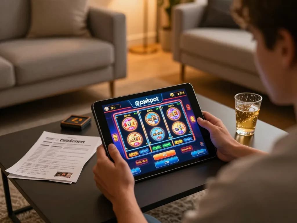 Player engaging with gojekpot slot machines on a tablet in a cozy home setting, showcasing online gambling.