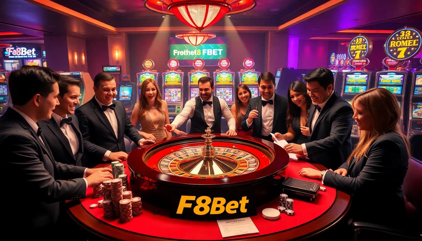 Gamblers enjoying an exciting game at the F8Bet roulette table, radiating luxury and excitement.