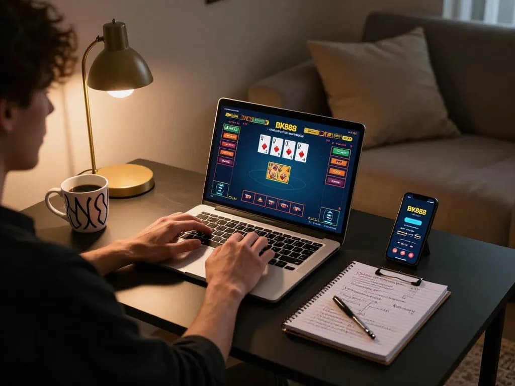 Engaged player using BK888 for online casino gaming with poker cards visible on screen.