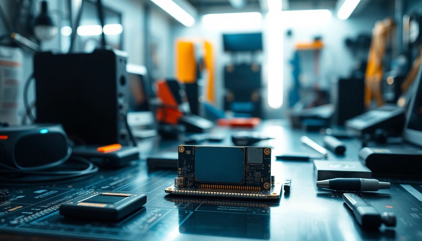 Showcasing a Bluetooth module with intricate details in a high-tech workspace.