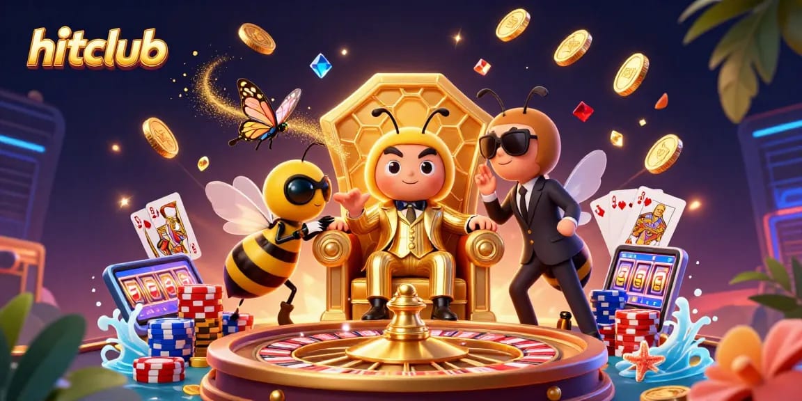 Hitclub bumblebee boss oversees dazzling gambling scene with coins, roulette, and cards in vibrant 3D.