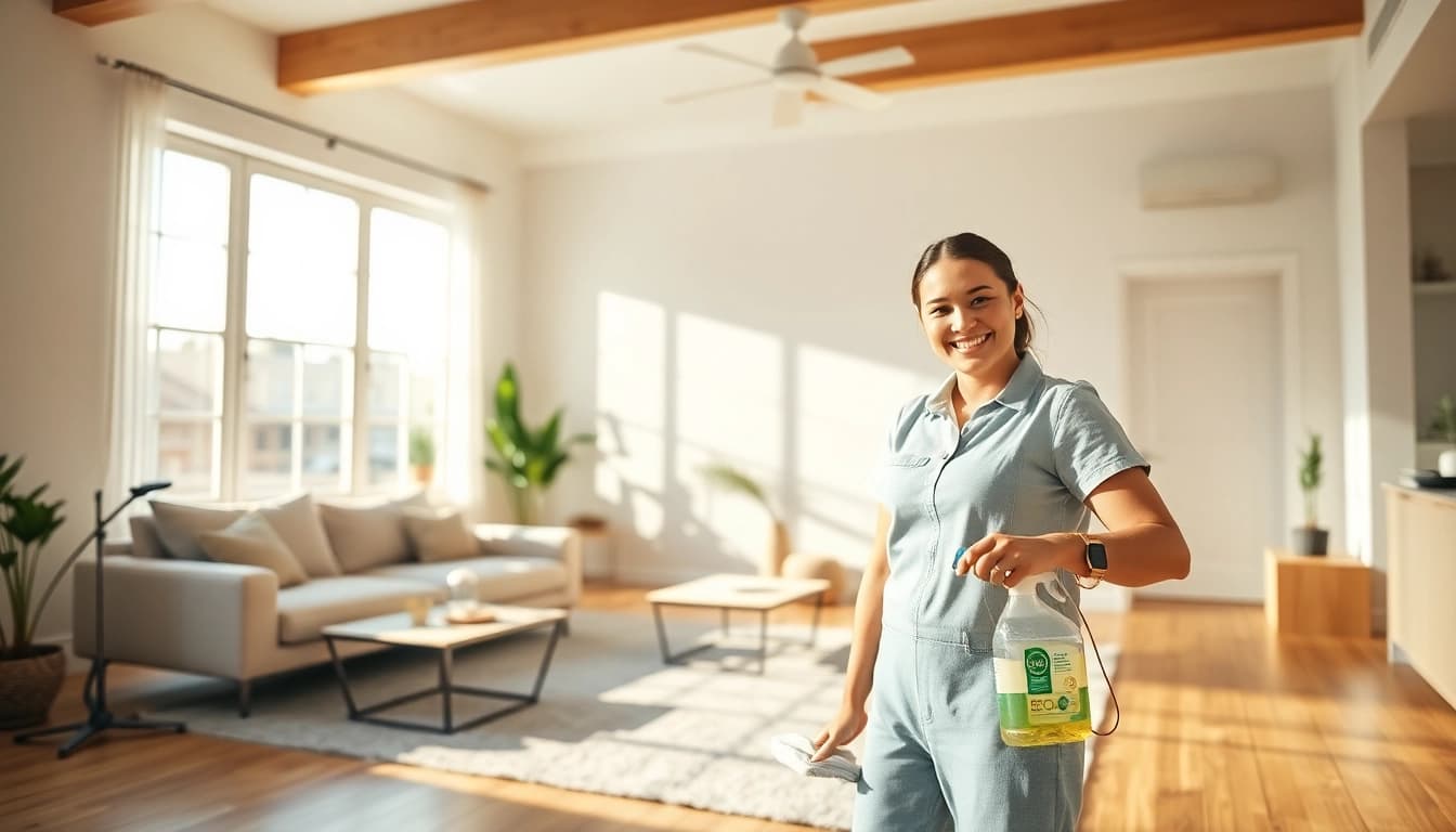 Engaging cleaning service professional transforming a home with sparkling cleanliness.