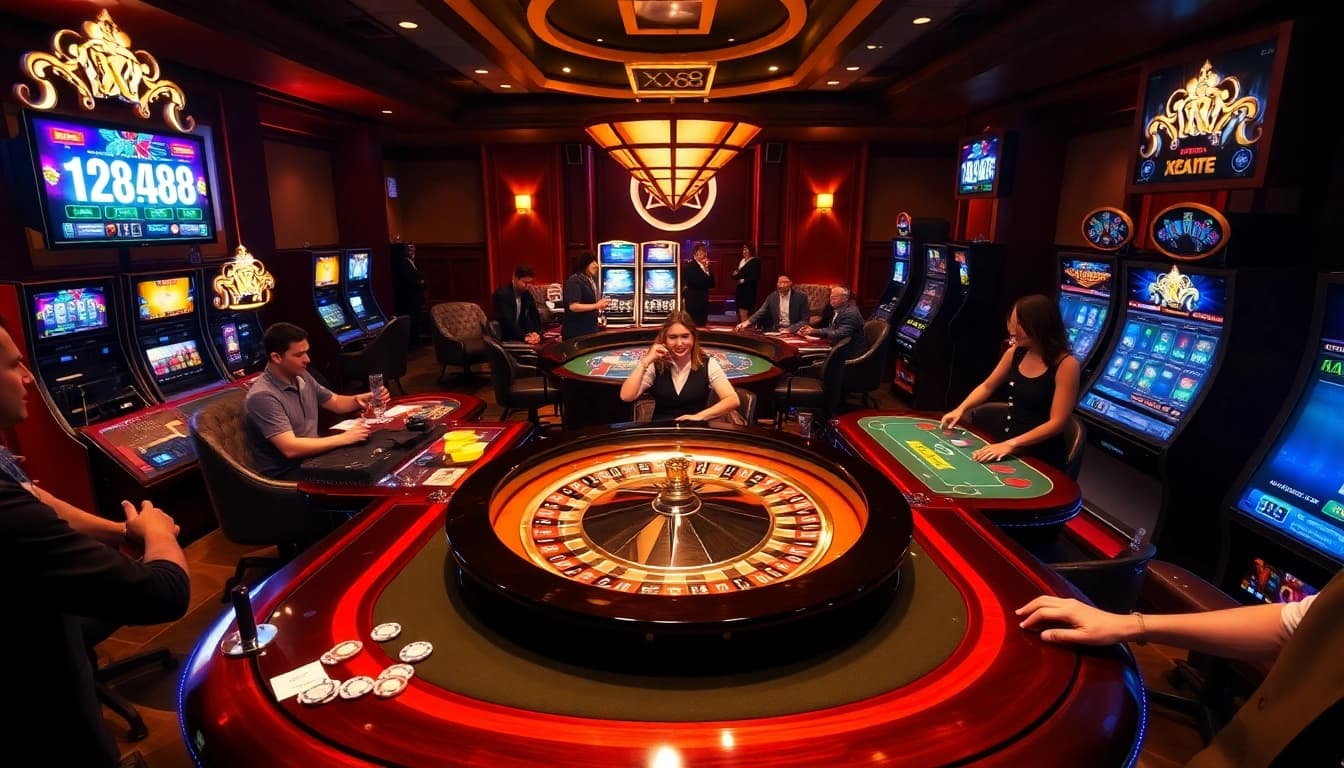 Excited players at an XX88-themed casino table enjoying various games in a luxurious setting.