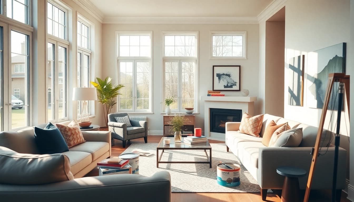 Home renovation project showcasing a beautifully remodeled living room with modern decor.