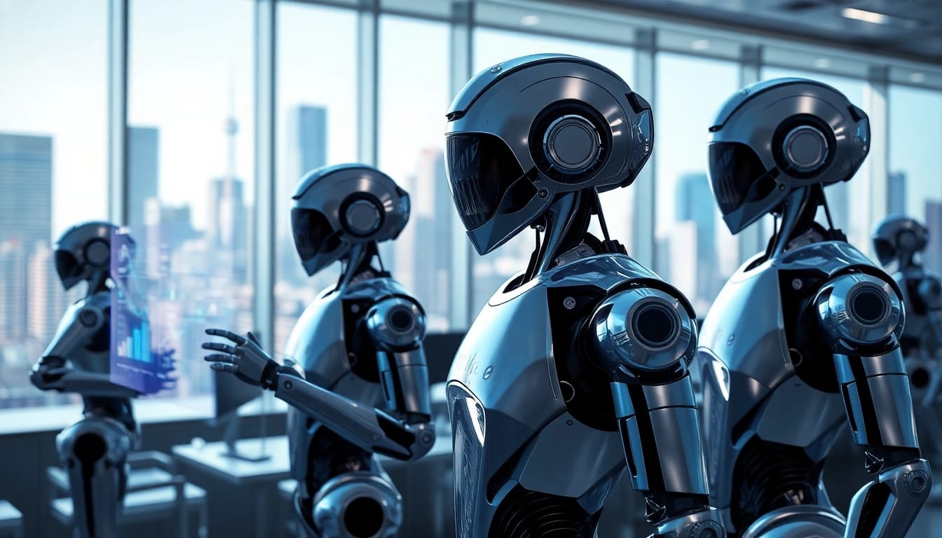 Engaging scene of Agentic ai robots autonomously processing data in a modern office environment.