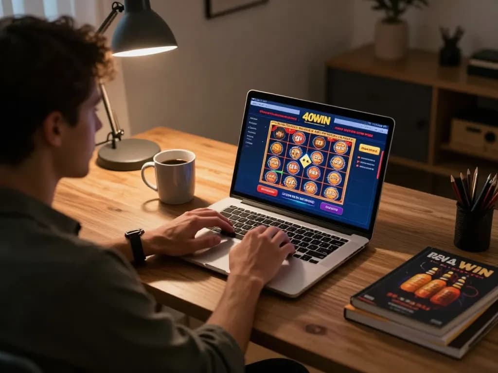 Engaging in strategic gameplay on 40WIN from a cozy home office, showcasing online casino interface and gaming atmosphere.