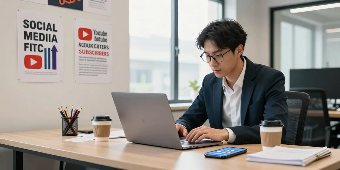 Die besten Seiten, um YouTube-Abonnenten zu kaufen, analysiert von einem Marketer in einem modernen Büro.