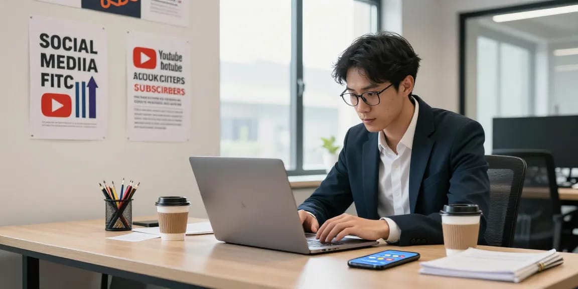 Die besten Seiten, um YouTube-Abonnenten zu kaufen, analysiert von einem Marketer in einem modernen Büro.
