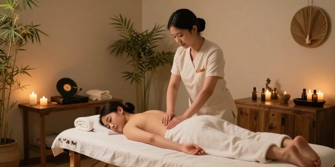 삼성동마사지 전문 스파에서 편안한 마사지 준비 모습, 아로마 향과 따뜻한 조명으로 아늑한 분위기 연출