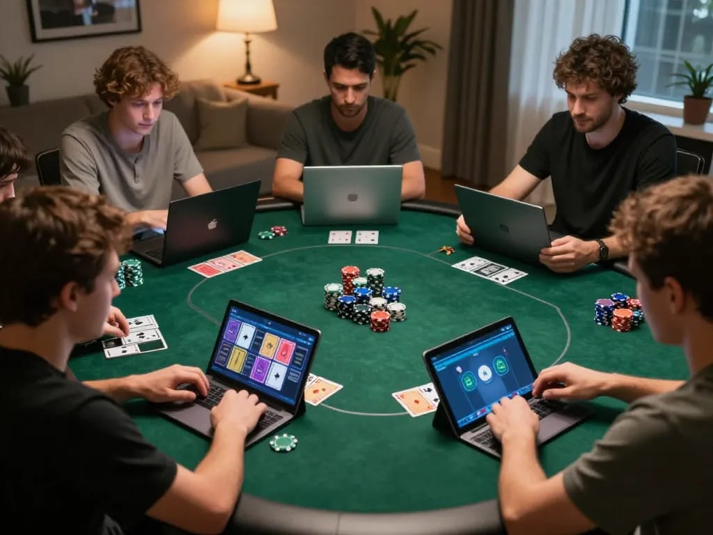 SBOBET players engaging in a vibrant online poker game with laptops and tablets in cozy home environments.