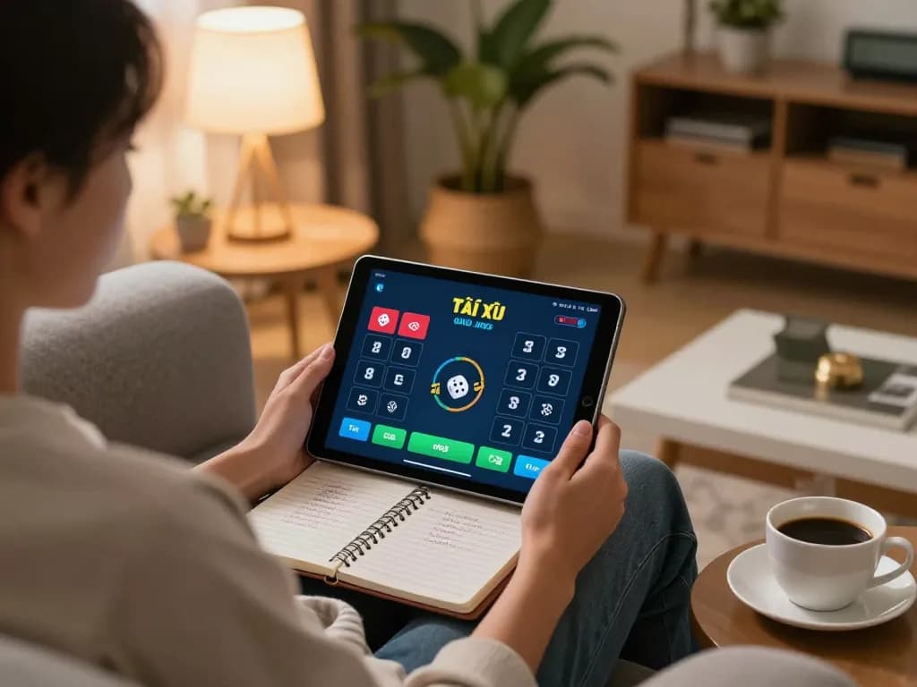 Play tài xỉu online on a tablet at home, with strategies noted in a cozy setup.