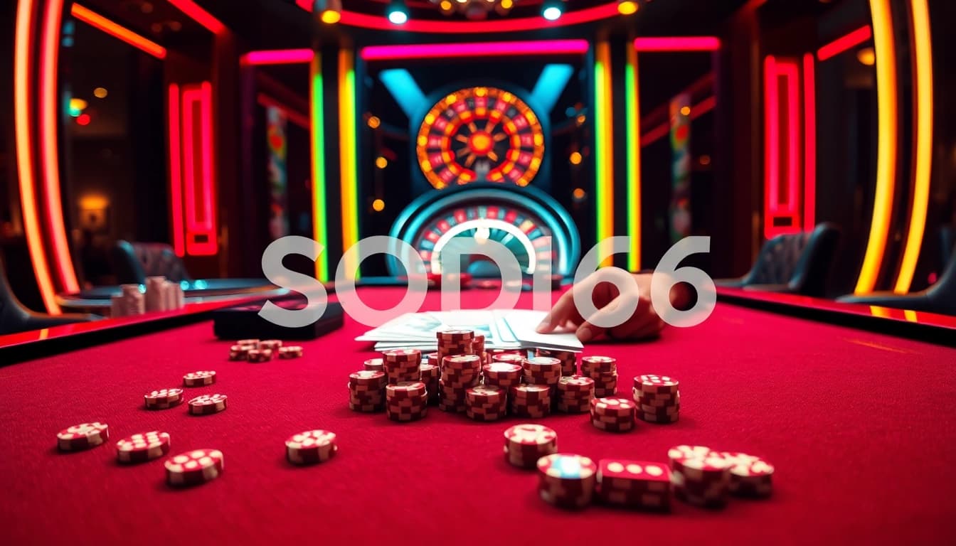 SODO66 casino scene showcasing an elegant table with poker chips and cards, under vibrant lighting.
