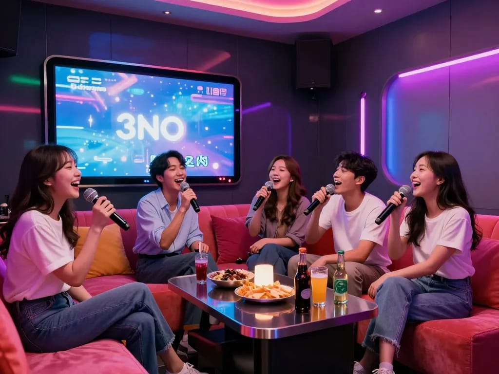 친구들과 함께 즐거운 분위기를 만끽하는 https://www.3no.org/bupyeong의 프라이빗 룸에서의 즐거운 노래방 경험.