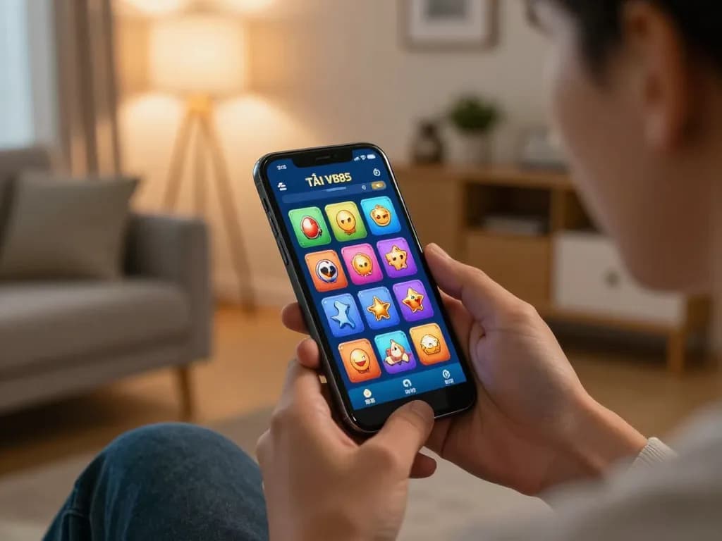 TẢI VB88 while engaging with a mobile casino app in a cozy living room setting.