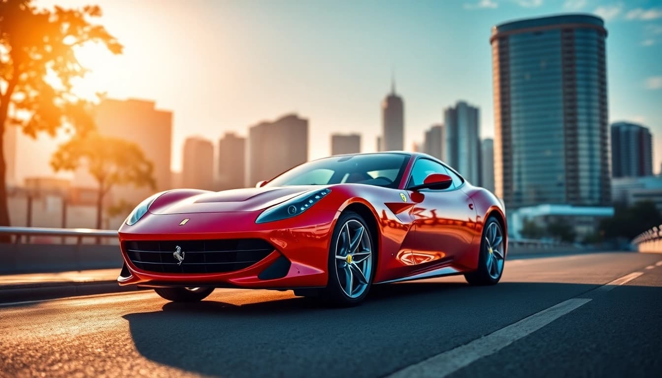 Experience the allure of a pre-owned Ferrari Johannesburg parked against Johannesburg's skyline.