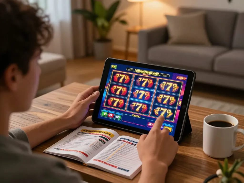 Player enjoying an exciting session of slot777 on a tablet in a cozy home setting.