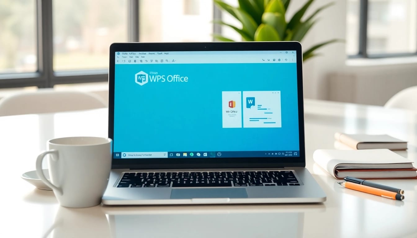 Showcase of WPS office下载 in a professional workspace setting with a laptop and productivity props.