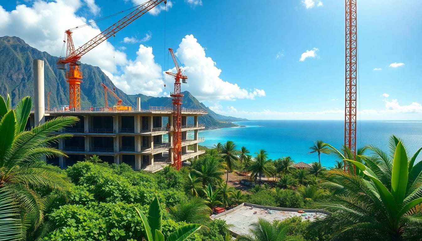 Hawaii construction news showcases a vibrant construction site with cranes and workers in a tropical setting.