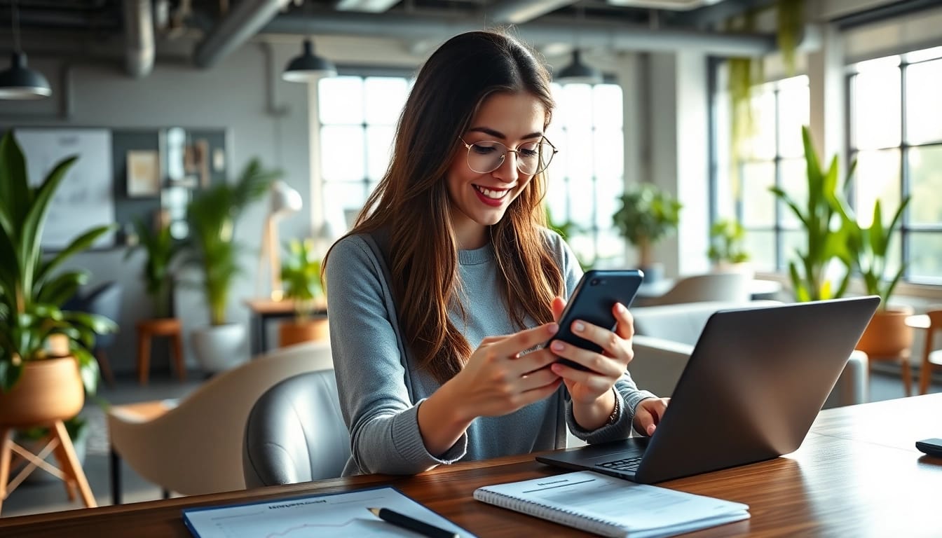 インスタ フォロワー 購入によるソーシャルメディアの成長を示すスマートフォンを持つ若い女性