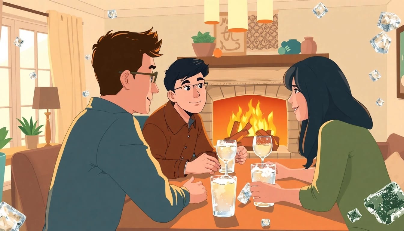 Illustration of the phrase break the ice origin with warm social interactions at a dinner table.