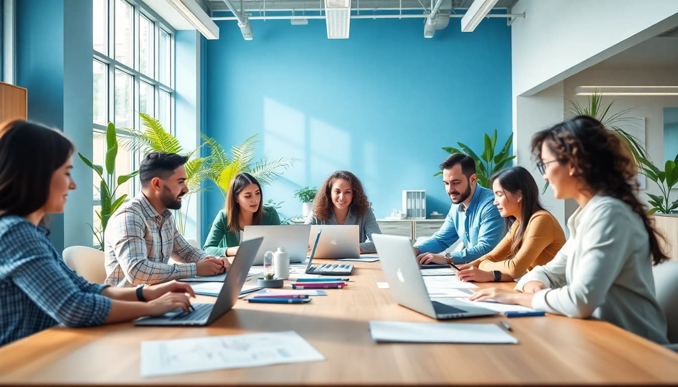 Creative team at an Agency collaborating in a modern workspace with natural lighting.