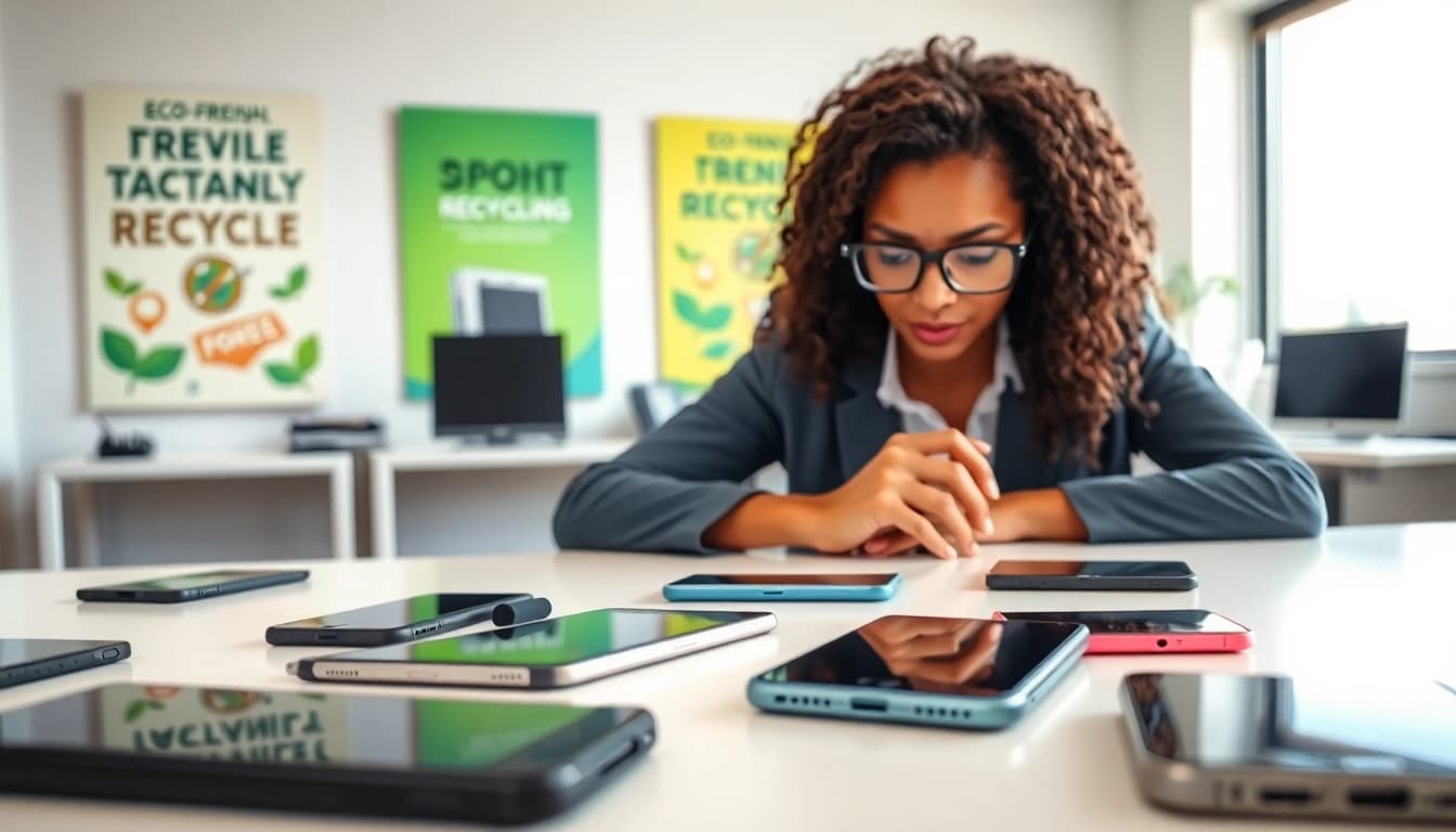 Sell your old devices while a tech expert evaluates smartphones in a bright office.