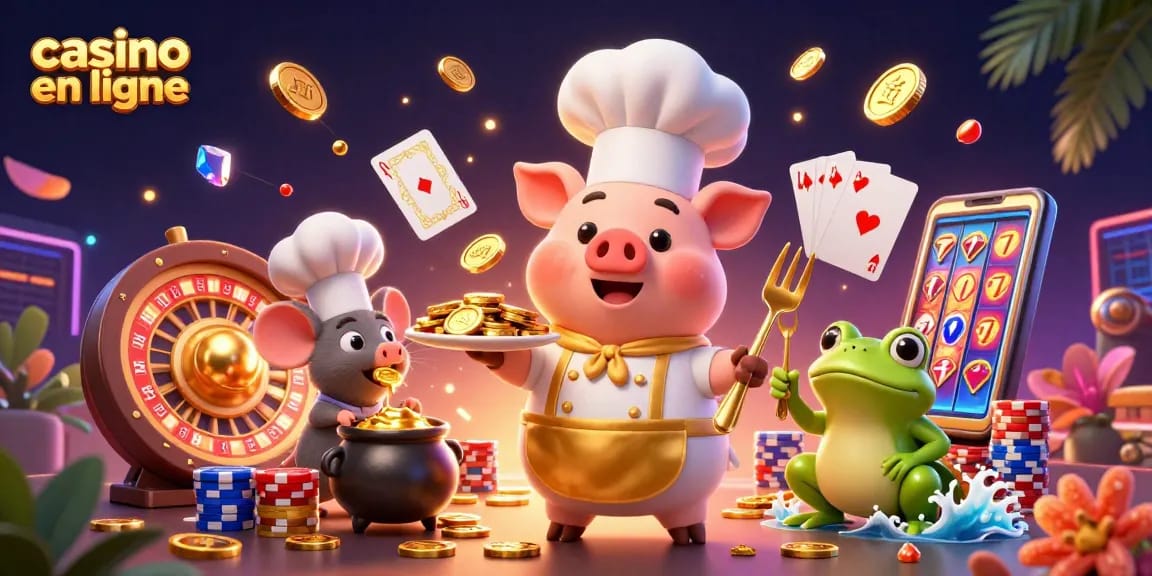 Découvrez les jeux de casino en ligne avec un chef, une souris et une grenouille dans une illustration colorée.