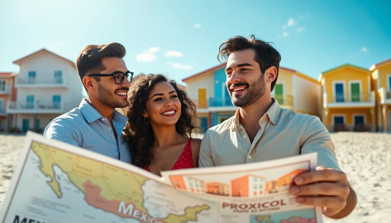 American couple envisioning buying property in Mexico, discussing dreams in a colorful beach town.