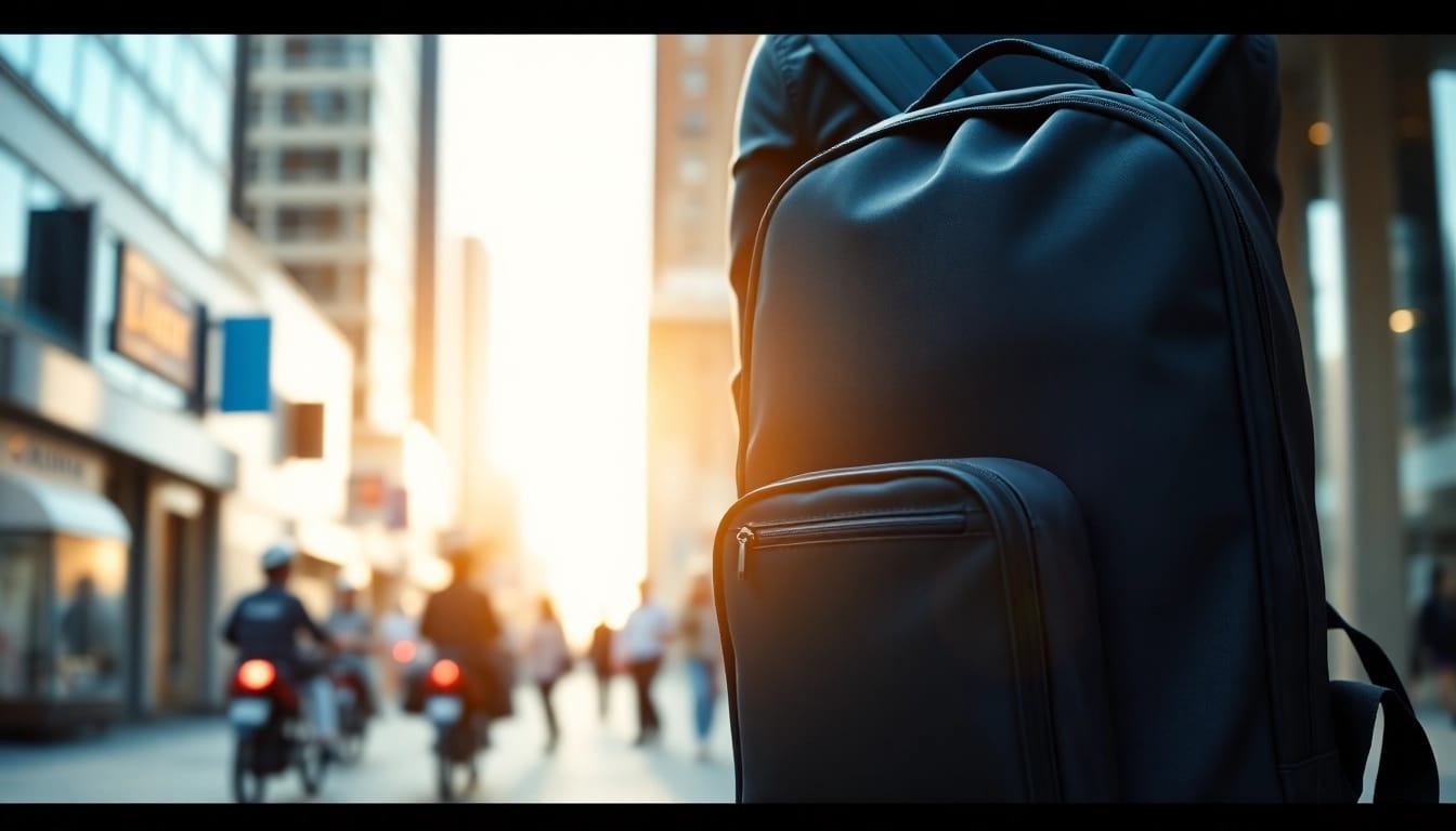 Wasserdichter Rucksack Laptop für Damen und Herren stilvoll präsentiert in urbanem Umfeld.