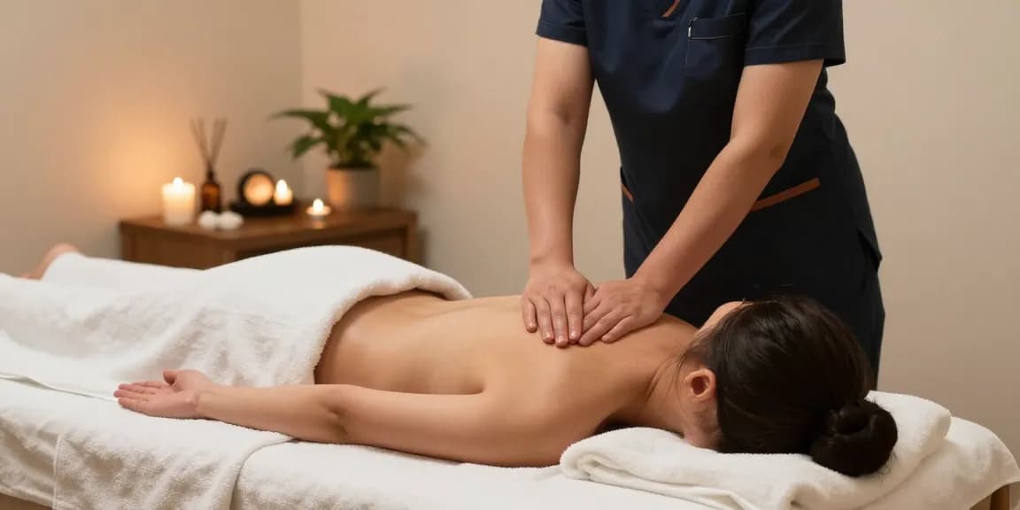 마사지 치료 중인 고객과 스웨디시 마사지 전문가의 편안한 스파 환경