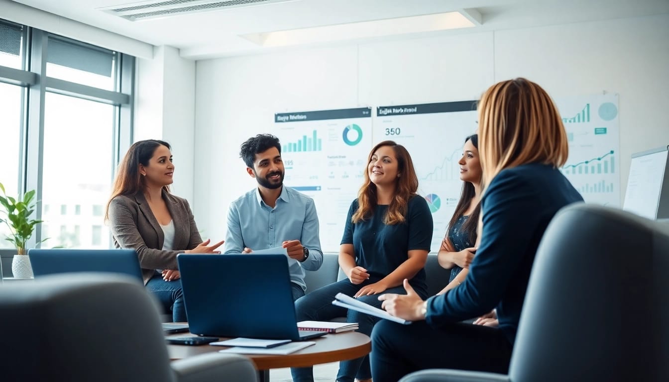 Auckland SEO specialist collaborating with a team in a bright modern office.