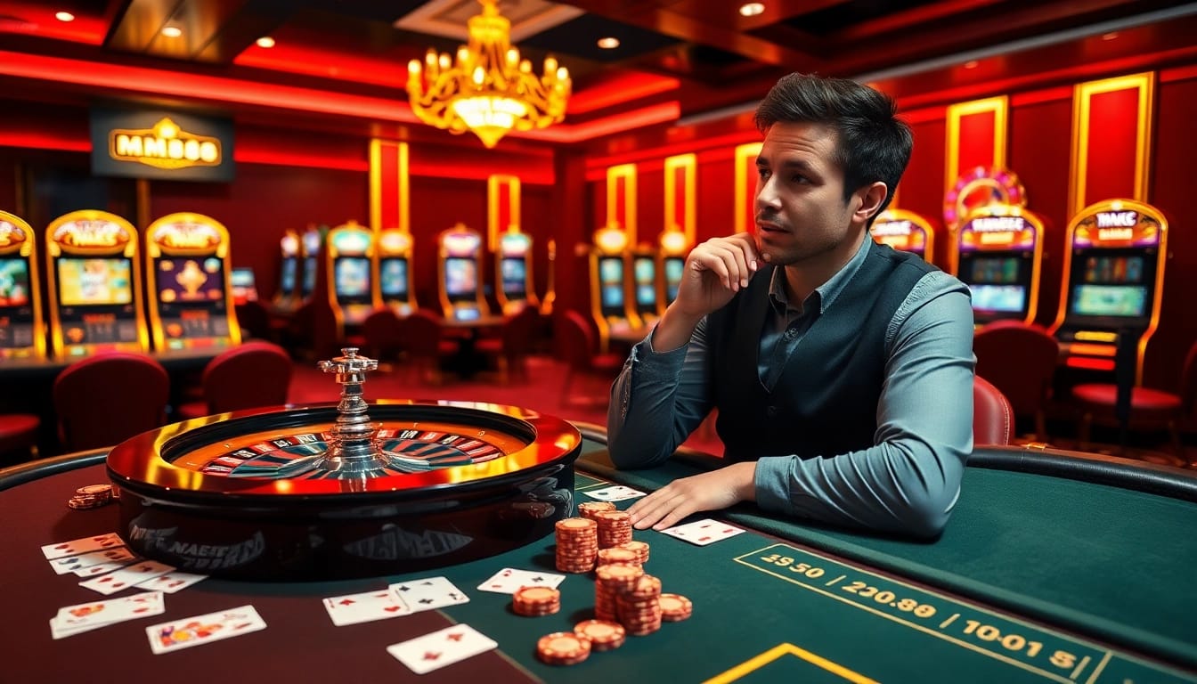 Engaged player placing bets at MM88 online casino with roulette wheel and vibrant casino atmosphere.