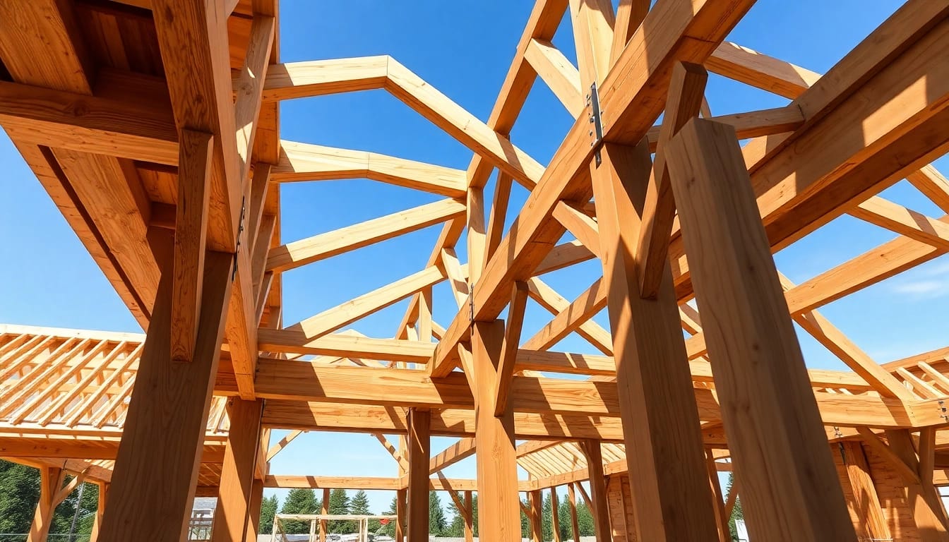 Showcasing timber frame solutions in a modern construction setting, emphasizing craftsmanship and innovation.