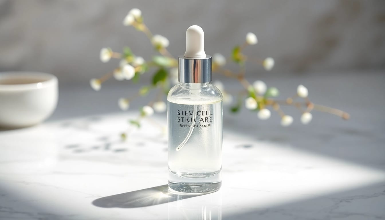 Apply stem cell skincare serum for a youthful glow with sleek, modern design.