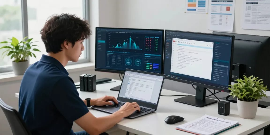 IT specialist analyzing security protocols for shs-dome5.com in a modern office.
