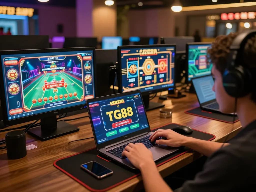 Engaged player enjoying TG88 online casino experience with laptop setup and vibrant game displays